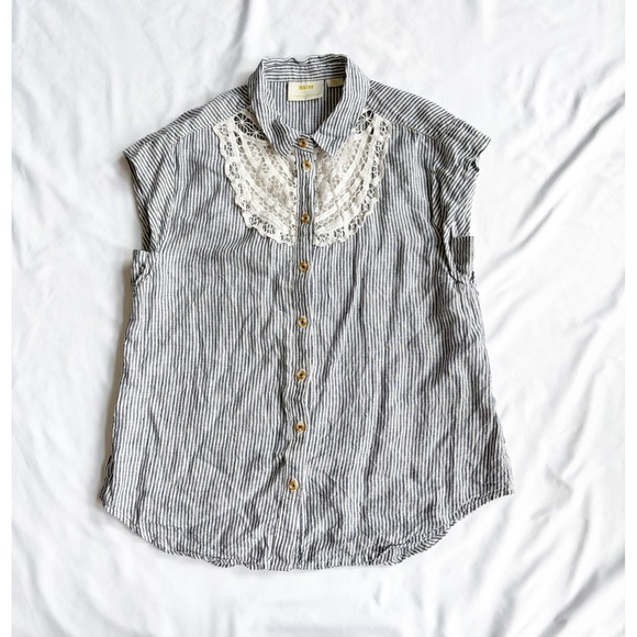 Maeve Tops - Maeve by Anthropologie Top Womens Med Blue Stripe Button 100% Linen Sleeveless